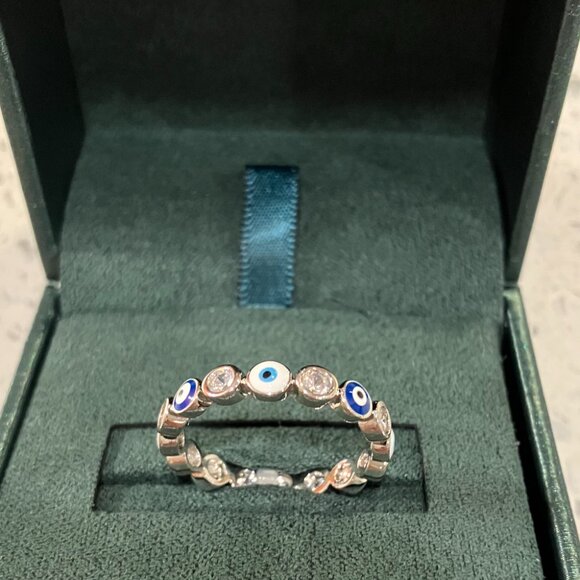 Silver 14KT Plate Evil Eye Ring with Cubic Zirconia and Enamel Accents (Size 8) - Picture 2 of 3